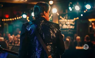 Man in a sparkly jacket playing guitar on stage, with audience in the background.