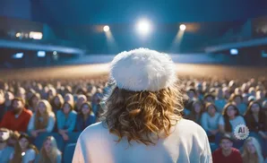 Person in fluffy hat facing a large, dimly lit audience, with bright stage lights overhead.