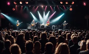 Band performs on stage with spotlights and a cheering crowd in the foreground.