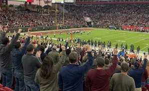 Fans cheer with raised fists at a football game in a packed stadium.
