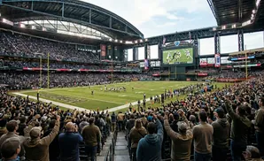 Spectators cheer during an American football game in a packed stadium.