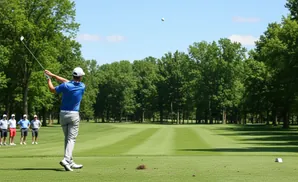 Golfer in blue shirt and grey pants swings at a golf ball on a sunny day.