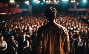 A man in a leather jacket faces a large, blurred audience in a dimly lit venue.