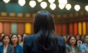 Back view of a woman in a suit speaking to an audience in a courtroom.