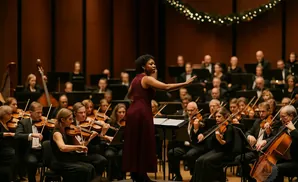 An orchestra conductor leads a performance, with musicians playing various instruments in the background.