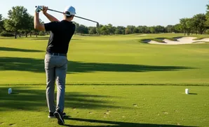 Golfer in black shirt and grey pants swings club on a green golf course with sand traps in the distance.