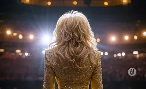 A woman with blonde, wavy hair stands facing away from the camera, wearing a sparkly gold jacket under bright stage lights.