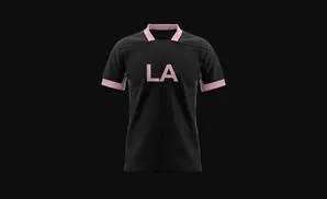 A black t-shirt with pink accents and 