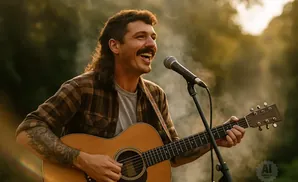 Man with mullet and mustache plays guitar and sings into a microphone outdoors.