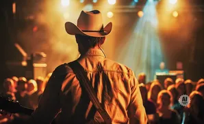 A country singer in a cowboy hat performs for a crowd under stage lights.