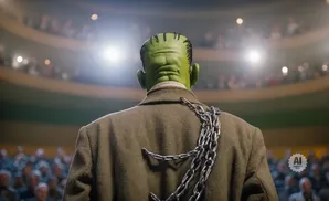 Frankenstein's monster with chains around his neck, facing an audience in a dimly lit theater.