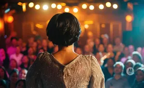 Back view of a woman in a sequined dress on stage, facing a blurred audience.