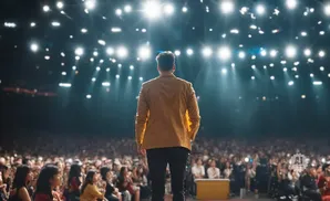 A person in a tan jacket stands on a stage, facing a large audience under bright lights.