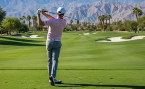 Golfer swings club on a sunny golf course with palm trees and mountains in the background.