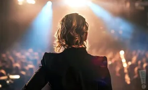 A person in a black jacket faces away from the camera, looking at a bright spotlight on a stage with a blurred audience.