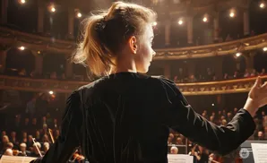 Woman conducting an orchestra on stage, viewed from behind.