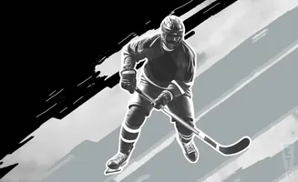 Black and white illustration of a hockey player in action.