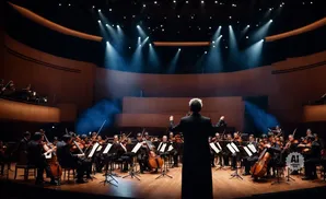 An orchestra performs on stage under dramatic lighting, with a conductor leading the musicians.