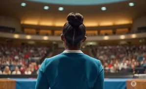 Rear view of a woman in a teal jacket with her hair in a bun, speaking to a large audience in an auditorium.