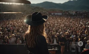 Woman in a cowboy hat on stage facing a large, cheering crowd at an outdoor concert.