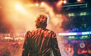 A performer in a striped jacket faces a cheering crowd under bright stage lights.