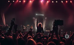 A crowd cheers as a blond performer with arms raised performs on a dimly lit stage.