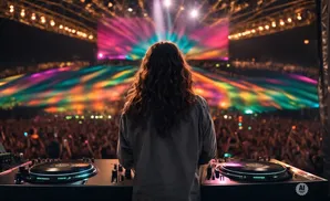 DJ at a vibrant concert with colorful lights and a large crowd.
