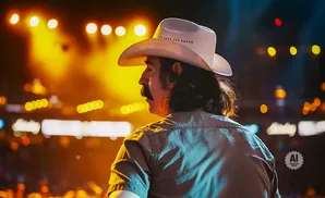 Man with a cowboy hat and mustache facing away from the camera, with blurred stage lights in the background.