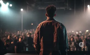 A person stands facing a large crowd at a concert.
