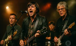 A rock band performs on stage under warm lighting, with singers and guitarists in focus.