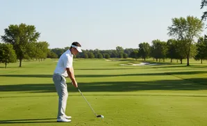 Golfer in white polo and grey pants prepares to swing at a golf ball on a sunny green course with trees and sand traps.