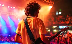 A guitarist in a yellow shirt plays on a stage with colorful lights and a crowd.