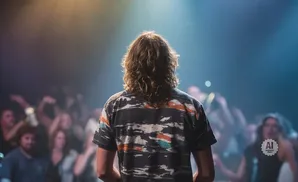 Man with curly hair on stage facing a blurred crowd.