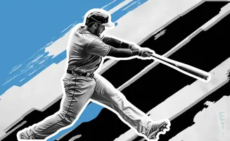 Baseball player swinging a bat, with a graphic background of diagonal black and white stripes and a blue brushstroke.