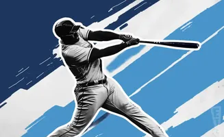 A baseball player in mid-swing against a background of blue and white brushstrokes.