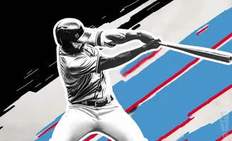 A baseball player swings a bat against a background of black, white, and blue with red stripes.