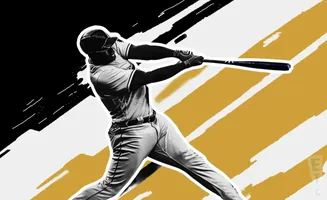Baseball player swinging a bat on a black and gold background.