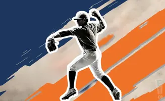 A baseball pitcher in mid-throw, silhouetted against a graphic background of blue and orange stripes.