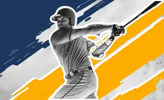 A baseball player swings a bat against a blue and yellow abstract background.