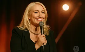 A blonde woman in a black blazer smiles while holding a microphone, lit by a warm spotlight.