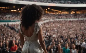 A woman with curly hair in a sparkly dress stands on a stage facing a large, blurred crowd.