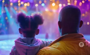 A father and child watch a brightly lit performance with colorful lights in the background.