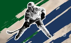 A hockey player in full gear skates with their stick, set against a background of green and blue stripes.