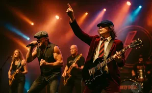 A rock band performs on stage, with the lead singer in the foreground playing guitar.