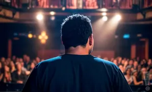 Man facing away from the camera on a stage, addressing a seated audience in a theater.