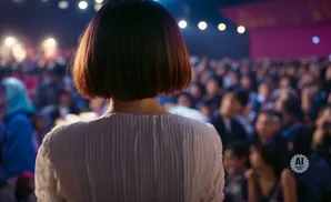 A woman with a short bob haircut speaks to a large, blurred audience under stage lights.