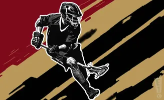 A lacrosse player in mid-action, with a stylized, graphic background of diagonal stripes.