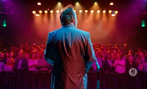 A man in a suit faces away from the camera, on stage in front of a blurred audience.