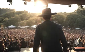 A person in a cowboy hat faces a large crowd at an outdoor concert during sunset.