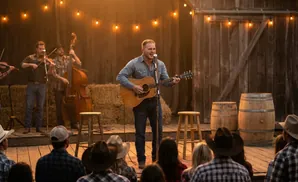 A country band performs on a wooden stage in front of a barn, with hay bales and string lights.